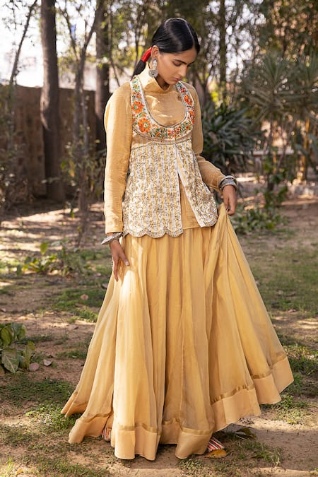 Neeta Bhargava Gold Organza Tissue Embroidery Jacket Round Crop Top And Lehenga Set 