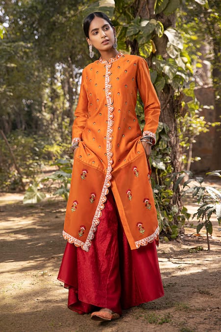 Shop Carrot Orange Cotton Silk Kurti Set - Kurti Sets Online in India |  Colorauction