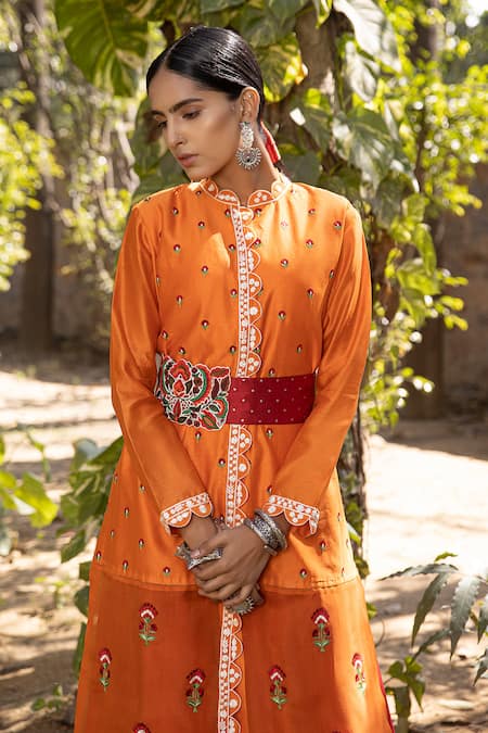 Neeta Bhargava_Orange Organza, Cotton , Chanderi Embroidered Kurta And Palazzo Set _Online_at_Aza_Fashions