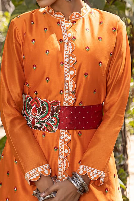 Shop_Neeta Bhargava_Orange Organza, Cotton , Chanderi Embroidered Kurta And Palazzo Set _Online_at_Aza_Fashions