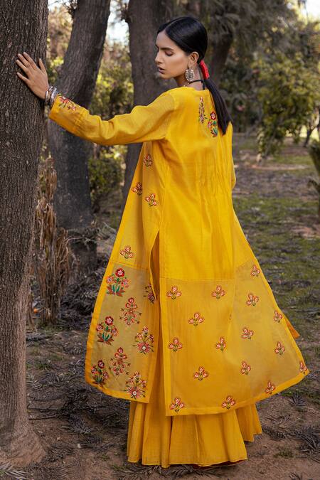 Shop Neeta Bhargava Yellow Silk Chanderi, Textured Fabric Blouse Round Embroidered And Sharara Set at Aza Fashions Shop_Neeta Bhargava_Yellow Silk Chanderi, Textured Fabric Blouse Round Embroidered And Sharara Set _at_Aza_Fashions