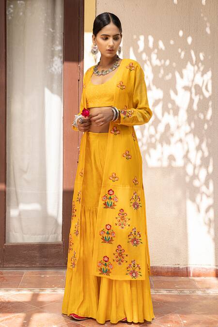 Neeta Bhargava Yellow Silk Chanderi, Textured Fabric Blouse Round Embroidered And Sharara Set Online at Aza Fashions Neeta Bhargava_Yellow Silk Chanderi, Textured Fabric Blouse Round Embroidered And Sharara Set _Online_at_Aza_Fashions