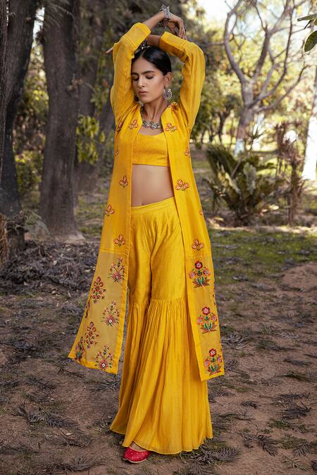 Buy Neeta Bhargava Yellow Silk Chanderi, Textured Fabric Blouse Round Embroidered And Sharara Set Online at Aza Fashions Buy_Neeta Bhargava_Yellow Silk Chanderi, Textured Fabric Blouse Round Embroidered And Sharara Set _Online_at_Aza_Fashions