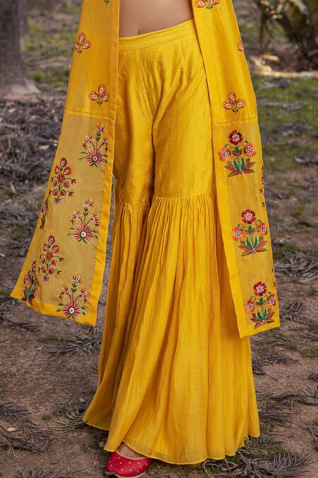 Shop Neeta Bhargava Yellow Silk Chanderi, Textured Fabric Blouse Round Embroidered And Sharara Set Online at Aza Fashions Shop_Neeta Bhargava_Yellow Silk Chanderi, Textured Fabric Blouse Round Embroidered And Sharara Set _Online_at_Aza_Fashions