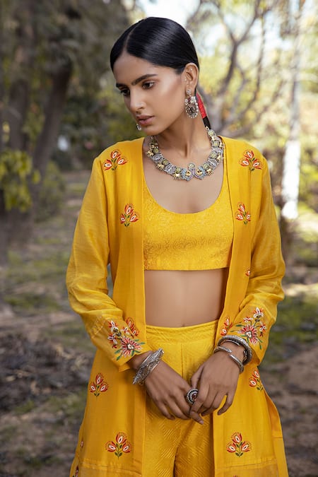 Neeta Bhargava Yellow Silk Chanderi, Textured Fabric Blouse Round Embroidered And Sharara Set at Aza Fashions Neeta Bhargava_Yellow Silk Chanderi, Textured Fabric Blouse Round Embroidered And Sharara Set _at_Aza_Fashions