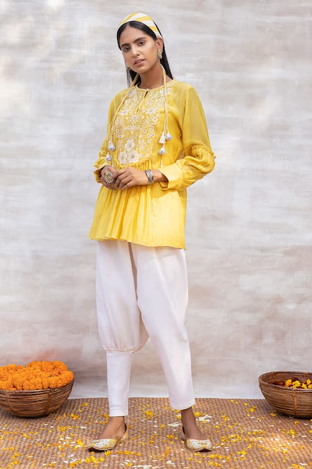 Buy Neeta Bhargava Yellow Chanderi Silk, Handloom Mandarin Collar Embroidered Top And Pant Set Online at Aza Fashions Buy_Neeta Bhargava_Yellow Chanderi Silk, Handloom Mandarin Collar Embroidered Top And Pant Set _Online_at_Aza_Fashions