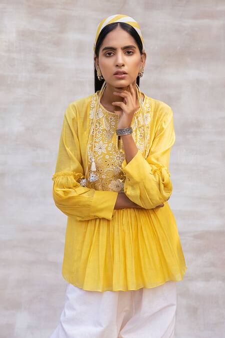 Shop Neeta Bhargava Yellow Chanderi Silk, Handloom Mandarin Collar Embroidered Top And Pant Set Online at Aza Fashions Shop_Neeta Bhargava_Yellow Chanderi Silk, Handloom Mandarin Collar Embroidered Top And Pant Set _Online_at_Aza_Fashions