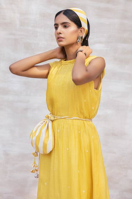 Neeta Bhargava Yellow Chanderi Silk Round Midi Dress Online at Aza Fashions Neeta Bhargava_Yellow Chanderi Silk Round Midi Dress _Online_at_Aza_Fashions