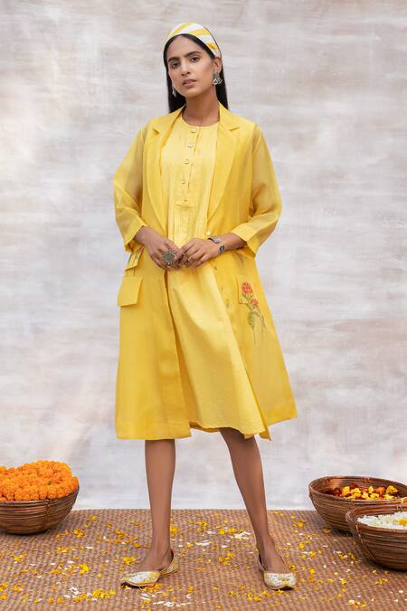Neeta Bhargava_Yellow Organza, Handloom Dress Dress Round Jacket Collar Pintuck With _Online_at_Aza_Fashions