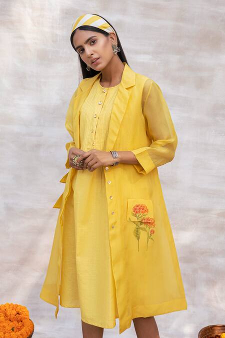 Shop_Neeta Bhargava_Yellow Organza, Handloom Dress Dress Round Jacket Collar Pintuck With _Online_at_Aza_Fashions
