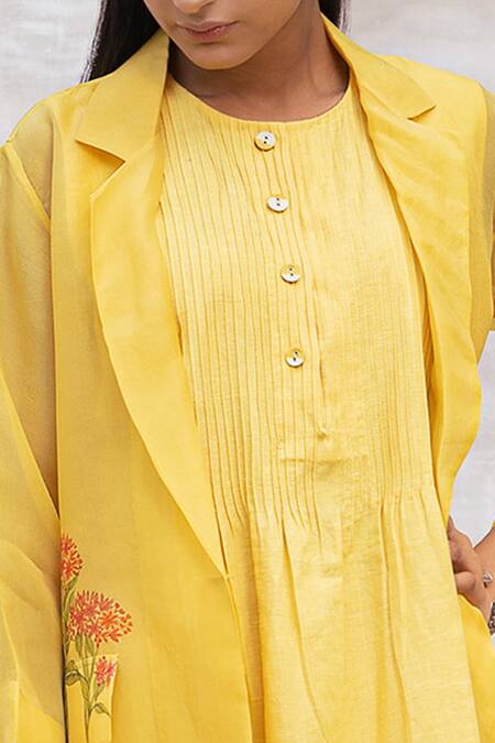 Neeta Bhargava_Yellow Organza, Handloom Dress Dress Round Jacket Collar Pintuck With _at_Aza_Fashions