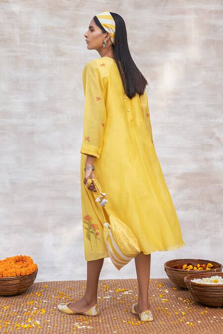 Shop Neeta Bhargava Yellow Chanderi Silk Round Midi Dress at Aza Fashions Shop_Neeta Bhargava_Yellow Chanderi Silk Round Midi Dress _at_Aza_Fashions