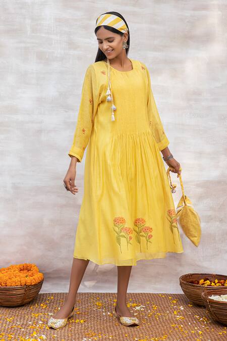Neeta Bhargava Yellow Chanderi Silk Round Midi Dress Online at Aza Fashions Neeta Bhargava_Yellow Chanderi Silk Round Midi Dress _Online_at_Aza_Fashions