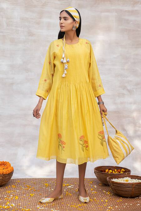 Buy Neeta Bhargava Yellow Chanderi Silk Round Midi Dress Online at Aza Fashions Buy_Neeta Bhargava_Yellow Chanderi Silk Round Midi Dress _Online_at_Aza_Fashions