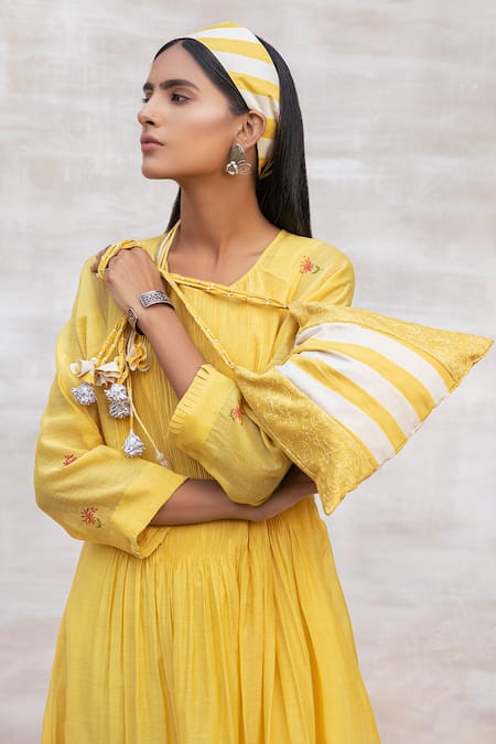 Shop Neeta Bhargava Yellow Chanderi Silk Round Midi Dress Online at Aza Fashions Shop_Neeta Bhargava_Yellow Chanderi Silk Round Midi Dress _Online_at_Aza_Fashions
