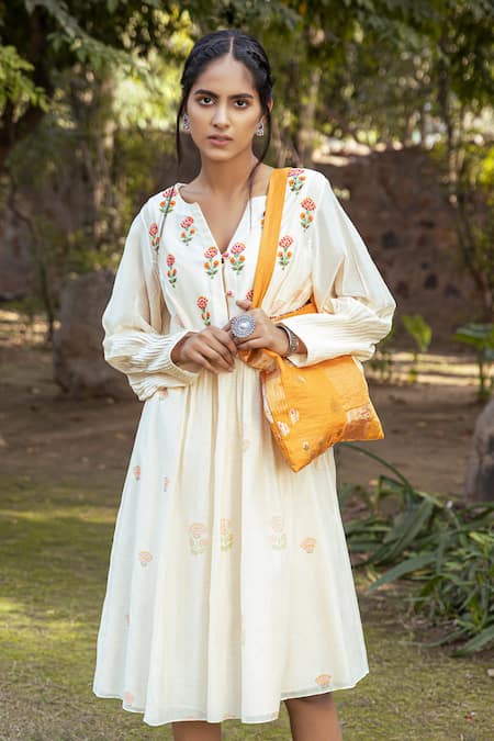 Neeta Bhargava Beige Chanderi Silk Embroidery Round Dress  