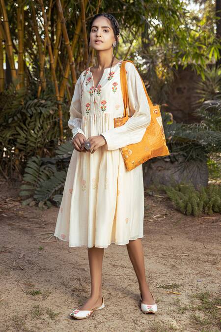 Neeta Bhargava_Beige Chanderi Silk Round Dress _Online_at_Aza_Fashions