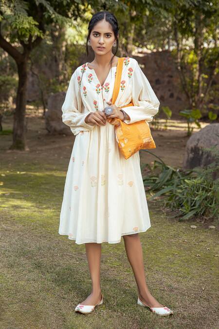 Buy_Neeta Bhargava_Beige Chanderi Silk Round Dress _Online_at_Aza_Fashions