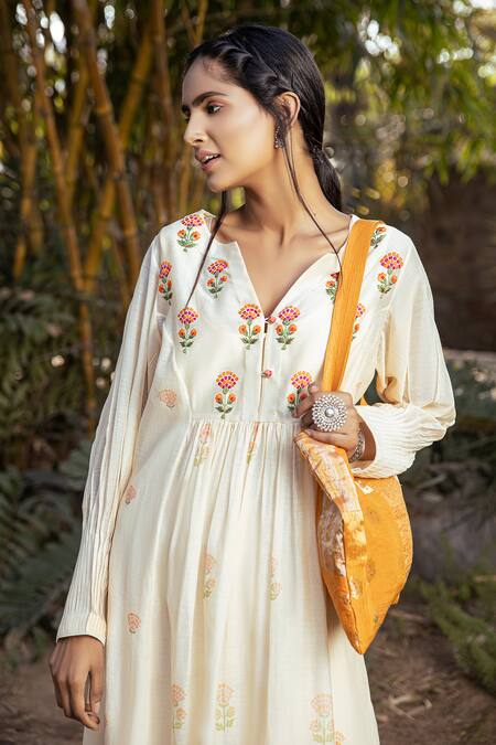 Shop_Neeta Bhargava_Beige Chanderi Silk Round Dress _Online_at_Aza_Fashions