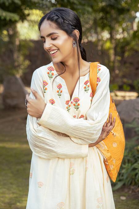 Neeta Bhargava_Beige Chanderi Silk Round Dress _at_Aza_Fashions