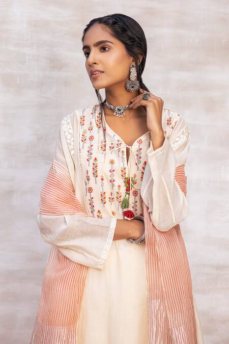 Shop Neeta Bhargava Beige Banarasi Woven, Silk Chanderi Leaf Neck Kurta Set Online at Aza Fashions Shop_Neeta Bhargava_Beige Banarasi Woven, Silk Chanderi Leaf Neck Kurta Set _Online_at_Aza_Fashions