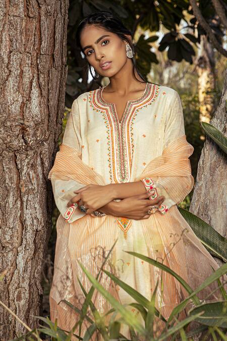 Neeta Bhargava Beige Organza, Organic Cotton Round Embroidered Kurta Set Online at Aza Fashions Neeta Bhargava_Beige Organza, Organic Cotton Round Embroidered Kurta Set _Online_at_Aza_Fashions