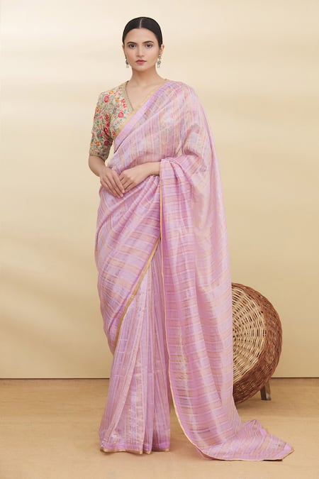 Pranay Baidya Purple Chanderi Striped Saree