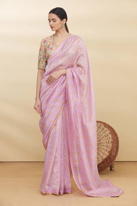 Pranay Baidya Purple Chanderi Striped Saree Online at Aza Fashions Pranay Baidya_Purple Chanderi Striped Saree _Online_at_Aza_Fashions