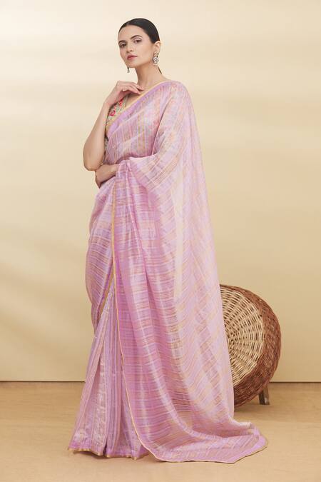 Shop Pranay Baidya Purple Chanderi Striped Saree Online at Aza Fashions Shop_Pranay Baidya_Purple Chanderi Striped Saree _Online_at_Aza_Fashions