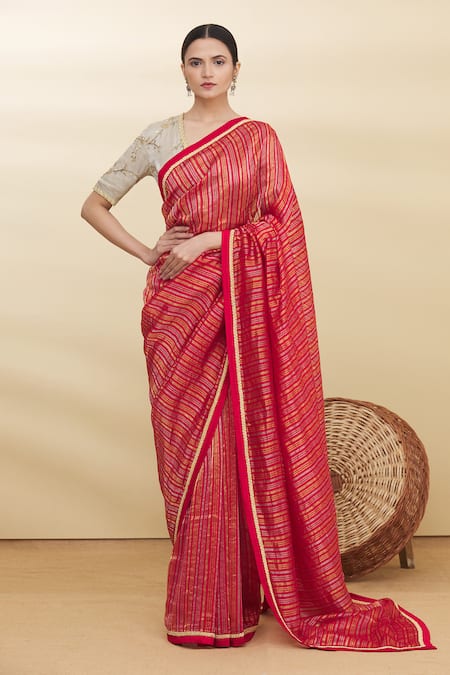 Tricoloured Striped Silk Saree With Red Temple Border, Heavy Border Saree,  बॉर्डर साड़ी - Bollineni Silks, Chennai | ID: 2852948097297