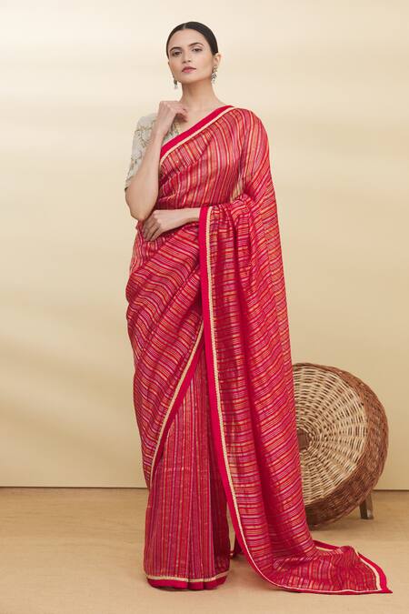 Pranay Baidya_Red Chanderi Striped Saree _Online_at_Aza_Fashions