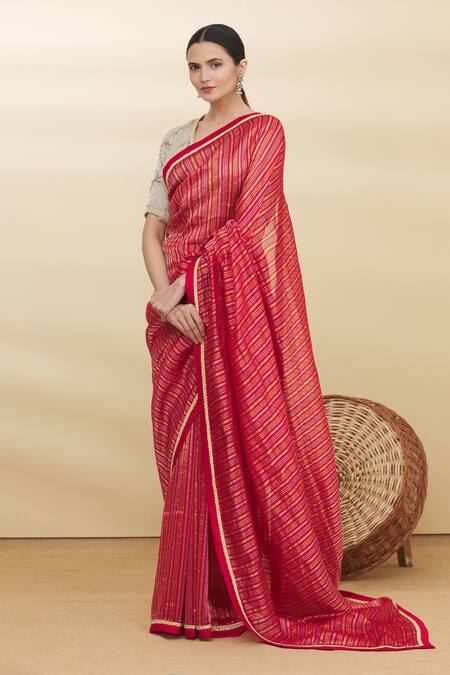 Buy_Pranay Baidya_Red Chanderi Striped Saree _Online_at_Aza_Fashions