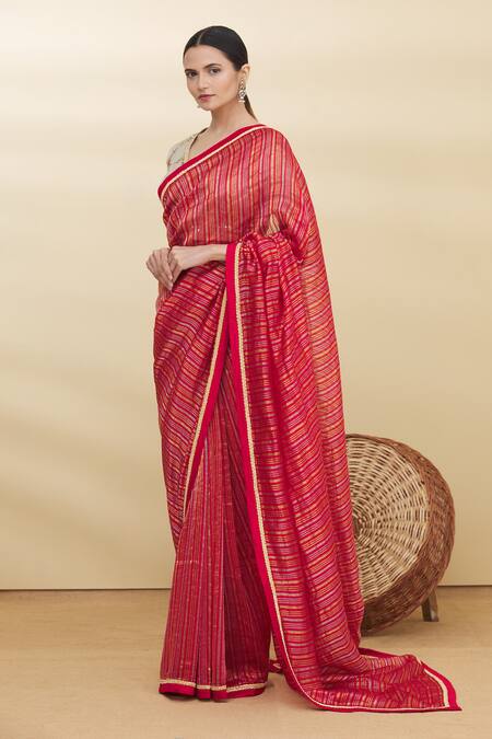 Shop_Pranay Baidya_Red Chanderi Striped Saree _Online_at_Aza_Fashions