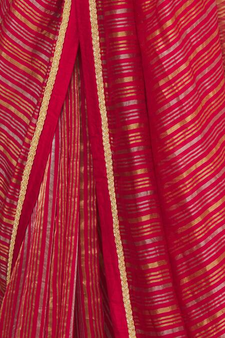 Pranay Baidya_Red Chanderi Striped Saree _at_Aza_Fashions
