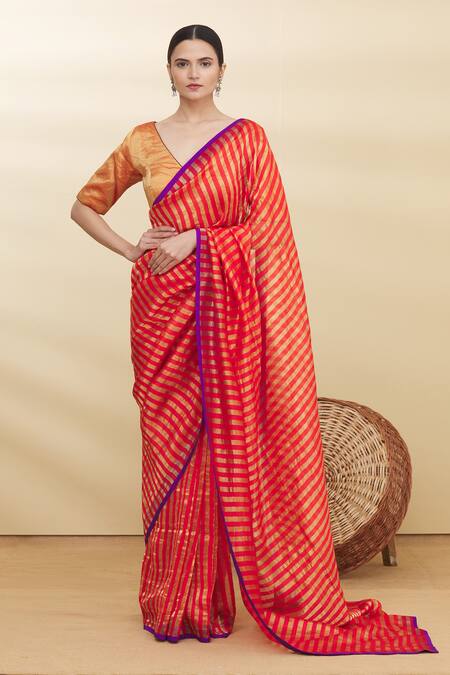 Shop Pranay Baidya Red Chanderi Striped Saree Online at Aza Fashions Shop_Pranay Baidya_Red Chanderi Striped Saree _Online_at_Aza_Fashions