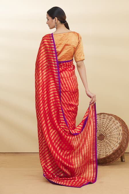 Shop Pranay Baidya Red Chanderi Striped Saree at Aza Fashions Shop_Pranay Baidya_Red Chanderi Striped Saree _at_Aza_Fashions