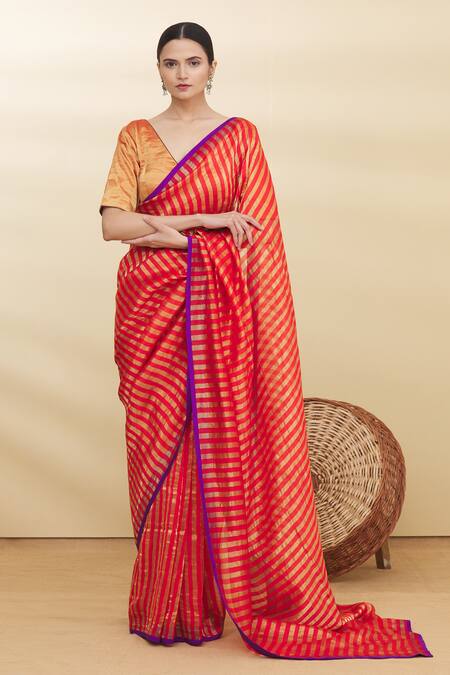 Pranay Baidya Red Chanderi Striped Saree Online at Aza Fashions Pranay Baidya_Red Chanderi Striped Saree _Online_at_Aza_Fashions