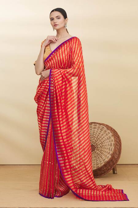 Buy Pranay Baidya Red Chanderi Striped Saree Online at Aza Fashions Buy_Pranay Baidya_Red Chanderi Striped Saree _Online_at_Aza_Fashions