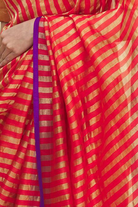 Pranay Baidya Red Chanderi Striped Saree at Aza Fashions Pranay Baidya_Red Chanderi Striped Saree _at_Aza_Fashions
