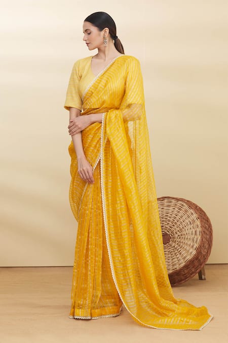 Shop Pranay Baidya Yellow Chanderi Striped Saree Online at Aza Fashions Shop_Pranay Baidya_Yellow Chanderi Striped Saree _Online_at_Aza_Fashions
