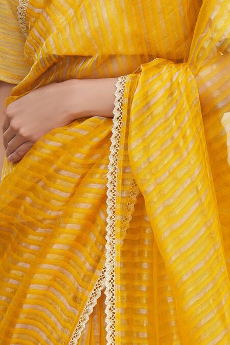 Pranay Baidya Yellow Chanderi Striped Saree at Aza Fashions Pranay Baidya_Yellow Chanderi Striped Saree _at_Aza_Fashions