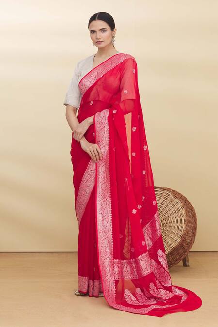Pranay Baidya_Red Banarasi Georgette Woven Saree _Online_at_Aza_Fashions
