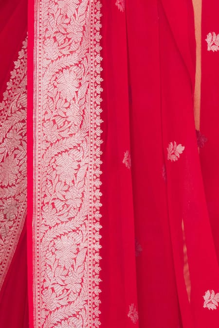 Pranay Baidya_Red Banarasi Georgette Woven Saree _at_Aza_Fashions