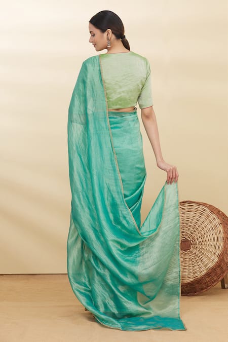Shop_Pranay Baidya_Green Chanderi Striped Saree _at_Aza_Fashions
