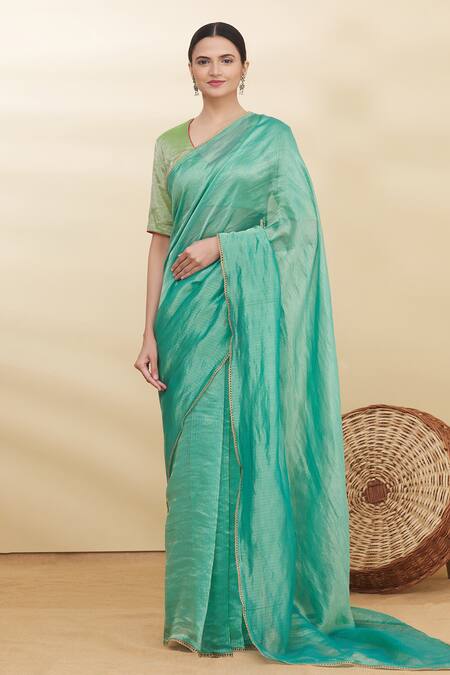 Pranay Baidya_Green Chanderi Striped Saree _Online_at_Aza_Fashions