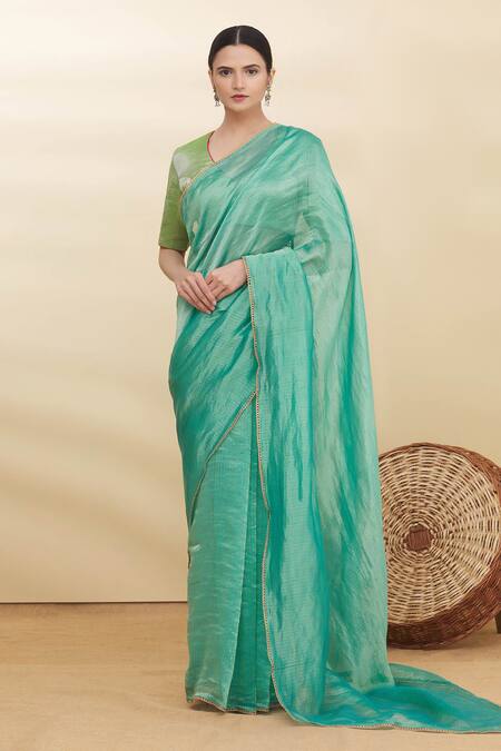 Buy_Pranay Baidya_Green Chanderi Striped Saree _Online_at_Aza_Fashions