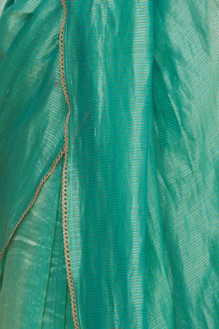 Pranay Baidya_Green Chanderi Striped Saree _at_Aza_Fashions