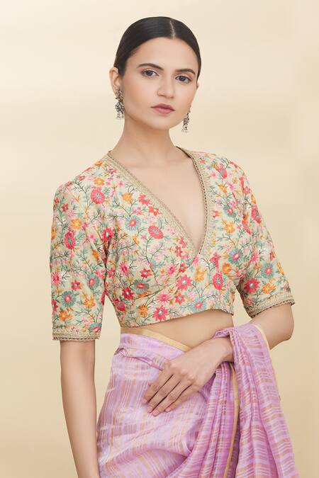 Pranay Baidya Beige Chanderi V Neck Blouse Online at Aza Fashions Pranay Baidya_Beige Chanderi V Neck Blouse _Online_at_Aza_Fashions