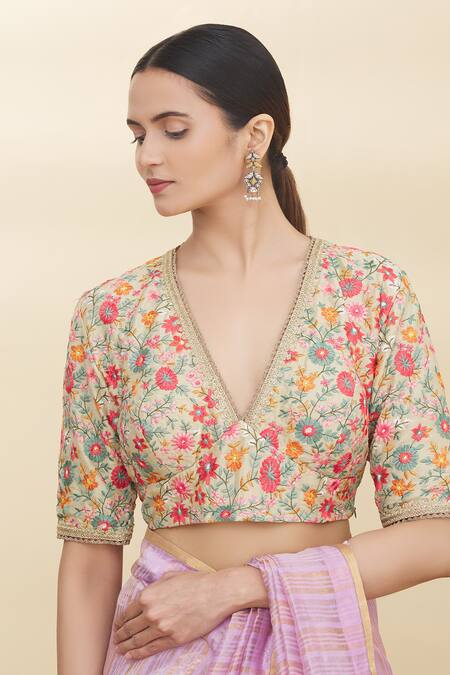 Buy Pranay Baidya Beige Chanderi V Neck Blouse Online at Aza Fashions Buy_Pranay Baidya_Beige Chanderi V Neck Blouse _Online_at_Aza_Fashions