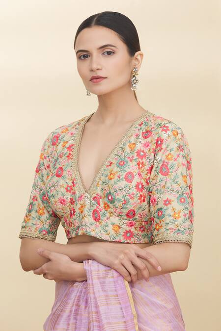 Shop Pranay Baidya Beige Chanderi V Neck Blouse Online at Aza Fashions Shop_Pranay Baidya_Beige Chanderi V Neck Blouse _Online_at_Aza_Fashions